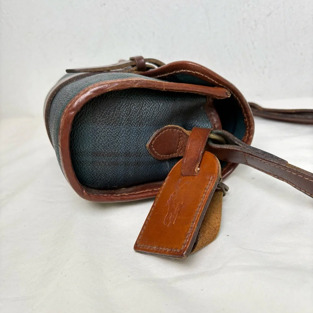 POLO RALPH LAUREN Vintage 90s Tartan Blackwatch Canvas Leather Crossbody Bag - Picture 4 of 14